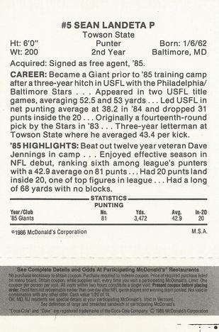 1986 McDonald's New York Giants - Full Game Pieces - Week 2 Black/Gray Tab #NNO Sean Landeta Back