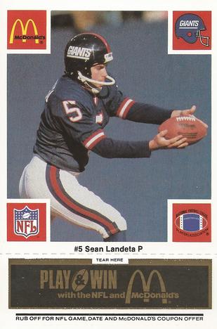 1986 McDonald's New York Giants - Full Game Pieces - Week 2 Black/Gray Tab #NNO Sean Landeta Front