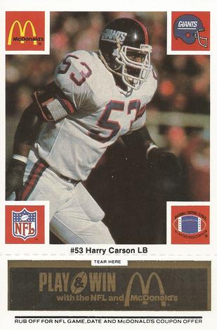 1986 McDonald's New York Giants - Full Game Pieces - Week 2 Black/Gray Tab #NNO Harry Carson Front