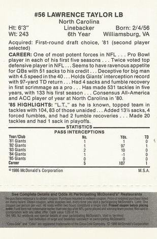 1986 McDonald's New York Giants - Full Game Pieces - Week 2 Black/Gray Tab #NNO Lawrence Taylor Back