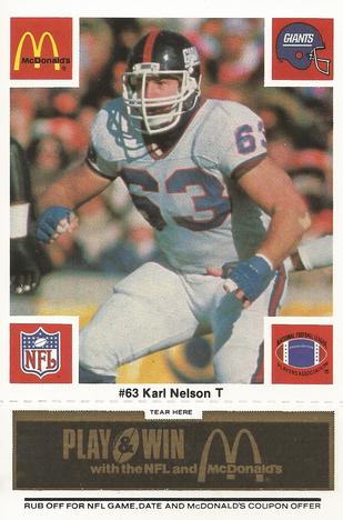 1986 McDonald's New York Giants - Full Game Pieces - Week 2 Black/Gray Tab #NNO Karl Nelson Front