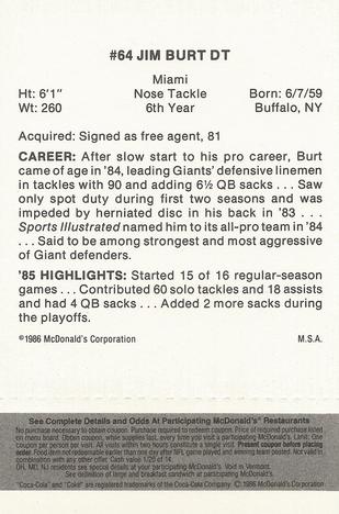 1986 McDonald's New York Giants - Full Game Pieces - Week 2 Black/Gray Tab #NNO Jim Burt Back