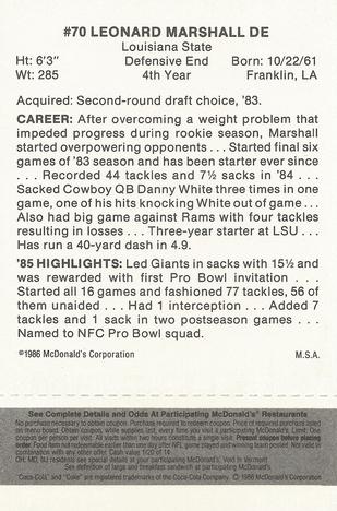 1986 McDonald's New York Giants - Full Game Pieces - Week 2 Black/Gray Tab #NNO Leonard Marshall Back
