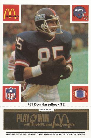 1986 McDonald's New York Giants - Full Game Pieces - Week 2 Black/Gray Tab #NNO Don Hasselbeck Front