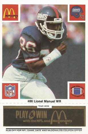 1986 McDonald's New York Giants - Full Game Pieces - Week 2 Black/Gray Tab #NNO Lionel Manuel Front