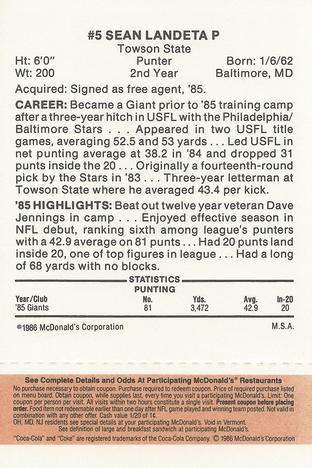 1986 McDonald's New York Giants - Full Game Pieces - Week 3 Gold/Orange Tab #NNO Sean Landeta Back