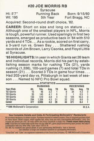 1986 McDonald's New York Giants - Full Game Pieces - Week 3 Gold/Orange Tab #NNO Joe Morris Back
