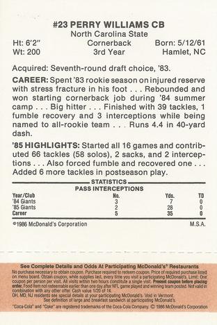 1986 McDonald's New York Giants - Full Game Pieces - Week 3 Gold/Orange Tab #NNO Perry Williams Back