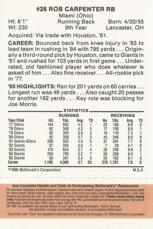 1986 McDonald's New York Giants - Full Game Pieces - Week 3 Gold/Orange Tab #NNO Rob Carpenter Back