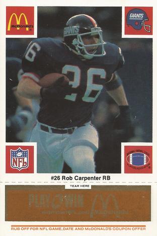 1986 McDonald's New York Giants - Full Game Pieces - Week 3 Gold/Orange Tab #NNO Rob Carpenter Front