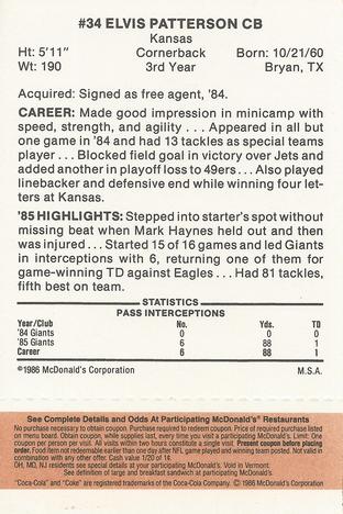1986 McDonald's New York Giants - Full Game Pieces - Week 3 Gold/Orange Tab #NNO Elvis Patterson Back