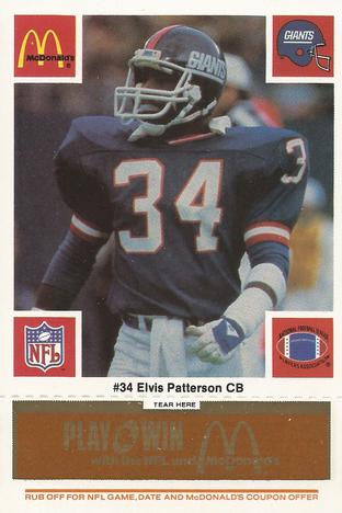 1986 McDonald's New York Giants - Full Game Pieces - Week 3 Gold/Orange Tab #NNO Elvis Patterson Front