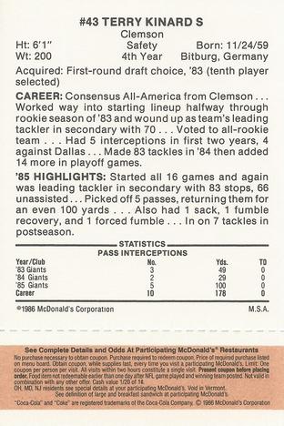 1986 McDonald's New York Giants - Full Game Pieces - Week 3 Gold/Orange Tab #NNO Terry Kinard Back