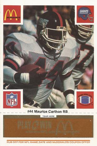 1986 McDonald's New York Giants - Full Game Pieces - Week 3 Gold/Orange Tab #NNO Maurice Carthon Front