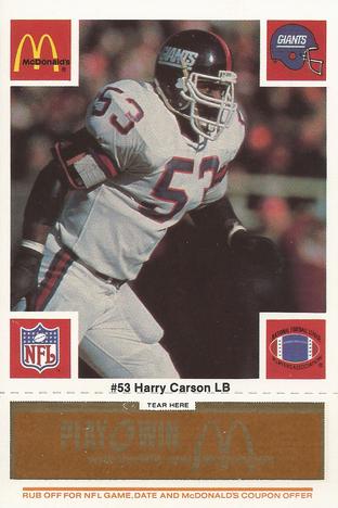 1986 McDonald's New York Giants - Full Game Pieces - Week 3 Gold/Orange Tab #NNO Harry Carson Front