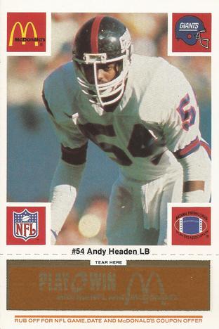 1986 McDonald's New York Giants - Full Game Pieces - Week 3 Gold/Orange Tab #NNO Andy Headen Front