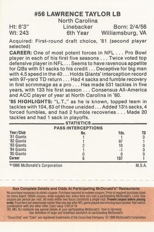 1986 McDonald's New York Giants - Full Game Pieces - Week 3 Gold/Orange Tab #NNO Lawrence Taylor Back