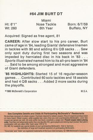 1986 McDonald's New York Giants - Full Game Pieces - Week 3 Gold/Orange Tab #NNO Jim Burt Back