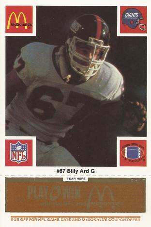 1986 McDonald's New York Giants - Full Game Pieces - Week 3 Gold/Orange Tab #NNO Billy Ard Front