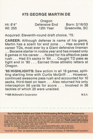 1986 McDonald's New York Giants - Full Game Pieces - Week 3 Gold/Orange Tab #NNO George Martin Back