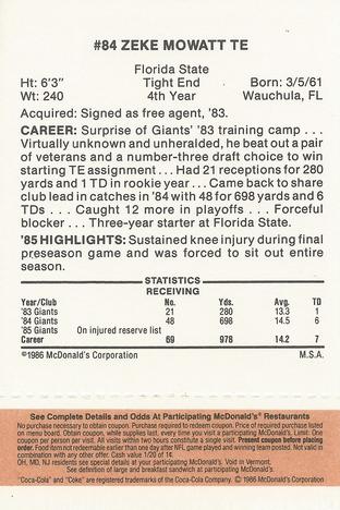 1986 McDonald's New York Giants - Full Game Pieces - Week 3 Gold/Orange Tab #NNO Zeke Mowatt Back