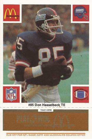 1986 McDonald's New York Giants - Full Game Pieces - Week 3 Gold/Orange Tab #NNO Don Hasselbeck Front