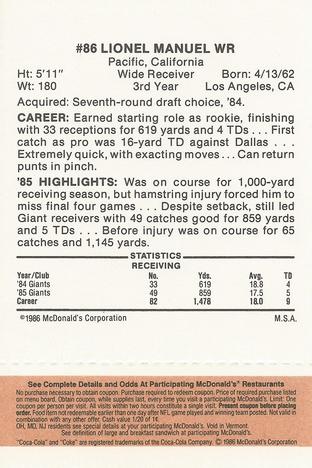 1986 McDonald's New York Giants - Full Game Pieces - Week 3 Gold/Orange Tab #NNO Lionel Manuel Back