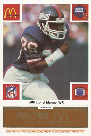 1986 McDonald's New York Giants - Full Game Pieces - Week 3 Gold/Orange Tab #NNO Lionel Manuel Front