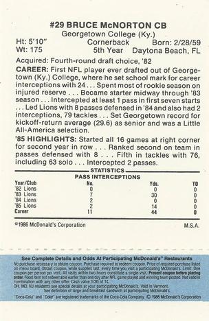 1986 McDonald's Detroit Lions - Full Game Pieces - Week 1 Blue Tab #NNO Bruce McNorton Back