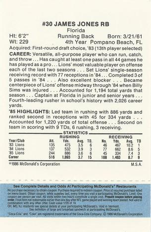 1986 McDonald's Detroit Lions - Full Game Pieces - Week 1 Blue Tab #NNO James Jones Back