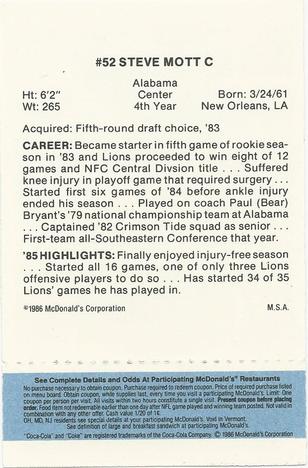 1986 McDonald's Detroit Lions - Full Game Pieces - Week 1 Blue Tab #NNO Steve Mott Back