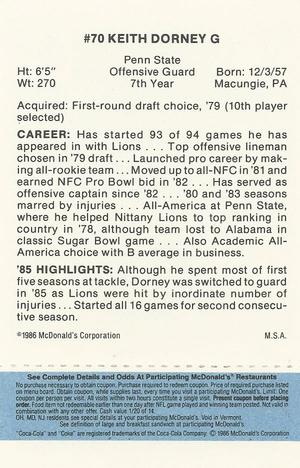 1986 McDonald's Detroit Lions - Full Game Pieces - Week 1 Blue Tab #NNO Keith Dorney Back