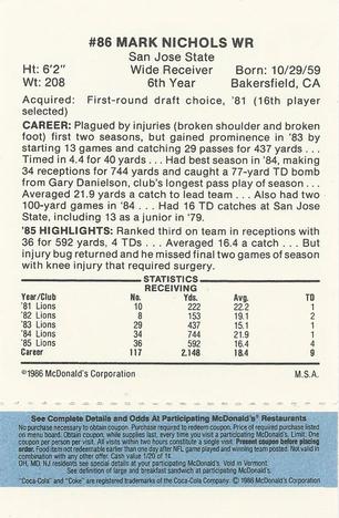 1986 McDonald's Detroit Lions - Full Game Pieces - Week 1 Blue Tab #NNO Mark Nichols Back