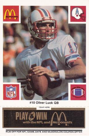 1986 McDonald's Houston Oilers - Full Game Pieces - Week 2 Black/Gray Tab #NNO Oliver Luck Front