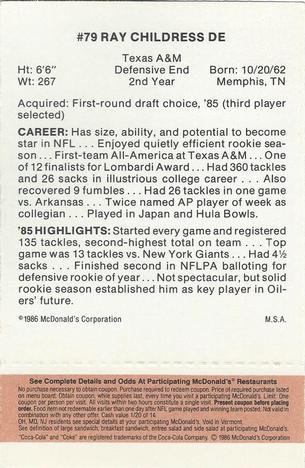 1986 McDonald's Houston Oilers - Full Game Pieces - Week 3 Gold/Orange Tab #NNO Ray Childress Back