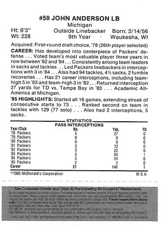 1986 McDonald's Green Bay Packers - Full Game Pieces - Week 2 Black/Gray Tab #NNO John Anderson Back