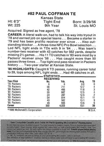 1986 McDonald's Green Bay Packers - Full Game Pieces - Week 2 Black/Gray Tab #NNO Paul Coffman Back