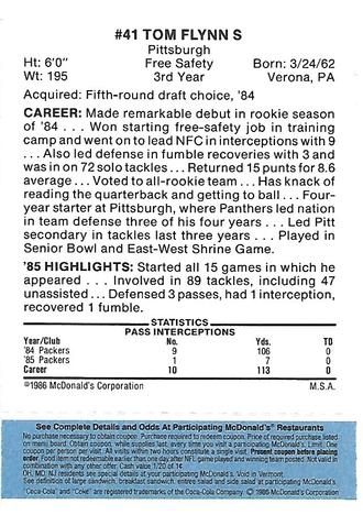 1986 McDonald's Green Bay Packers - Full Game Pieces - Week 1 Blue Tab #NNO Tom Flynn Back