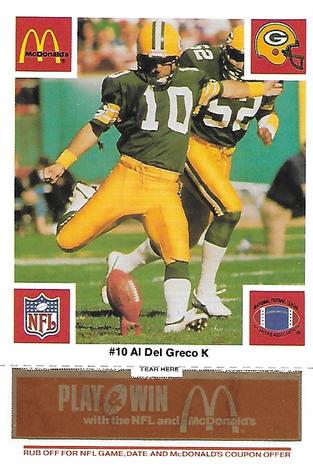 1986 McDonald's Green Bay Packers - Full Game Pieces - Week 3 Gold/Orange Tab #NNO Al Del Greco Front