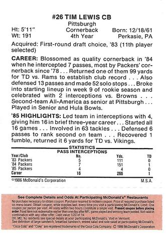 1986 McDonald's Green Bay Packers - Full Game Pieces - Week 3 Gold/Orange Tab #NNO Tim Lewis Back