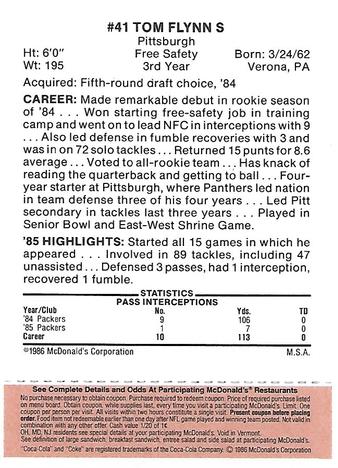 1986 McDonald's Green Bay Packers - Full Game Pieces - Week 3 Gold/Orange Tab #NNO Tom Flynn Back