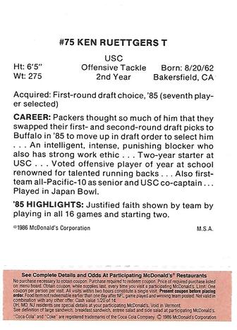 1986 McDonald's Green Bay Packers - Full Game Pieces - Week 3 Gold/Orange Tab #NNO Ken Ruettgers Back