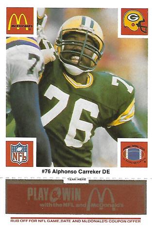 1986 McDonald's Green Bay Packers - Full Game Pieces - Week 3 Gold/Orange Tab #NNO Alphonso Carreker Front