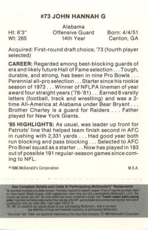 1986 McDonald's New England Patriots - Full Game Pieces - Week 2 Black/Gray Tab #NNO John Hannah Back