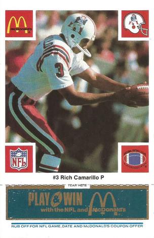 1986 McDonald's New England Patriots - Full Game Pieces - Week 1 Blue Tab #NNO Rich Camarillo Front
