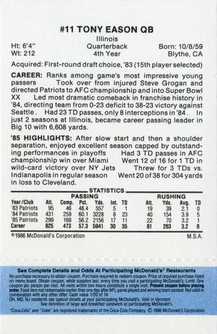 1986 McDonald's New England Patriots - Full Game Pieces - Week 1 Blue Tab #NNO Tony Eason Back