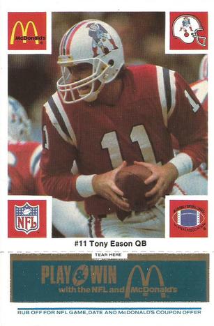 1986 McDonald's New England Patriots - Full Game Pieces - Week 1 Blue Tab #NNO Tony Eason Front