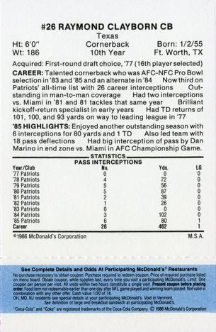 1986 McDonald's New England Patriots - Full Game Pieces - Week 1 Blue Tab #NNO Raymond Clayborn Back