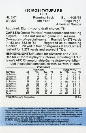 1986 McDonald's New England Patriots - Full Game Pieces - Week 1 Blue Tab #NNO Mosi Tatupu Back