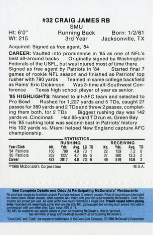 1986 McDonald's New England Patriots - Full Game Pieces - Week 1 Blue Tab #NNO Craig James Back